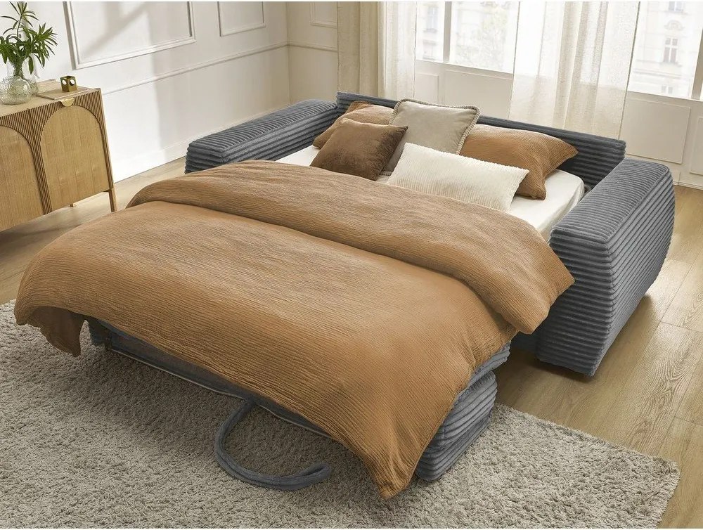 Canapea gri închis pentru dormitul zilnic/extensibilă cu tapițerie din catifea reiată 240 cm Hugo – Bobochic Paris