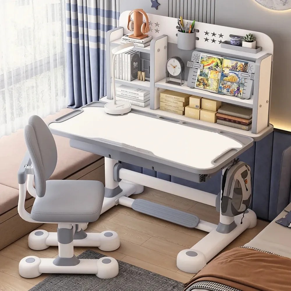 Set birou și scaun pentru copii, reglabile pe înălțime, blat înclinabil 0–50°, organizator cu rafturi, 80 × 60 cm, gri