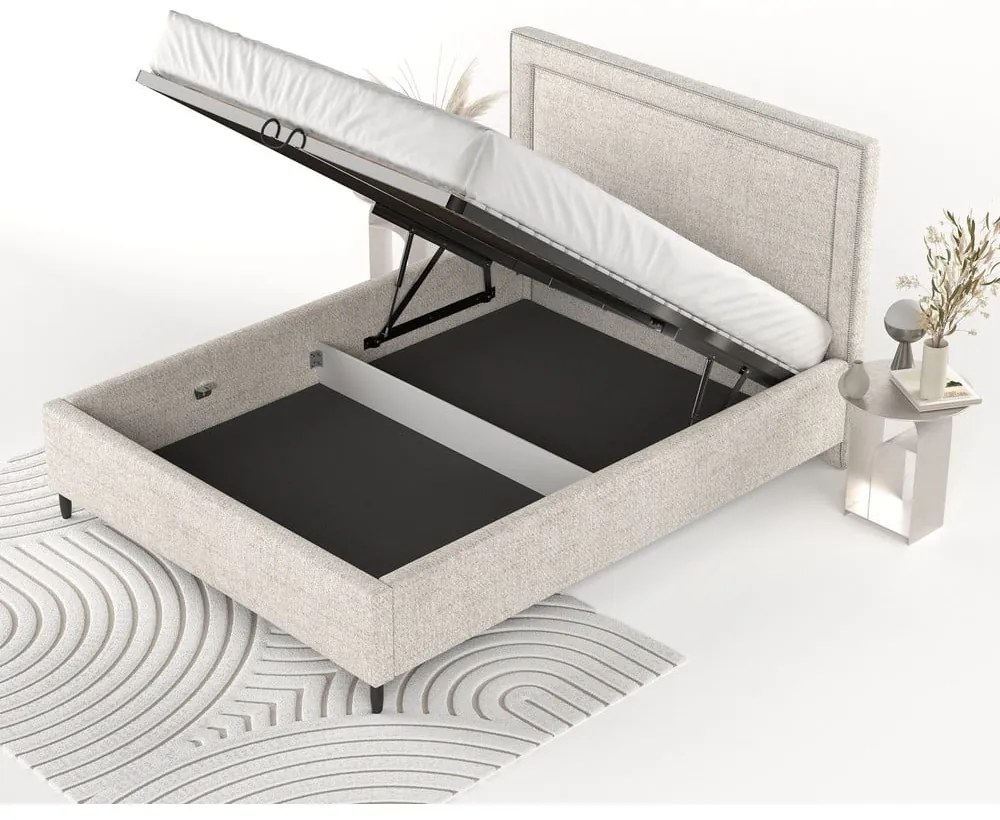 Pat matrimonial crem tapițat cu spațiu de depozitare cu somieră 140x200 cm Baleine – Maison de Rêve