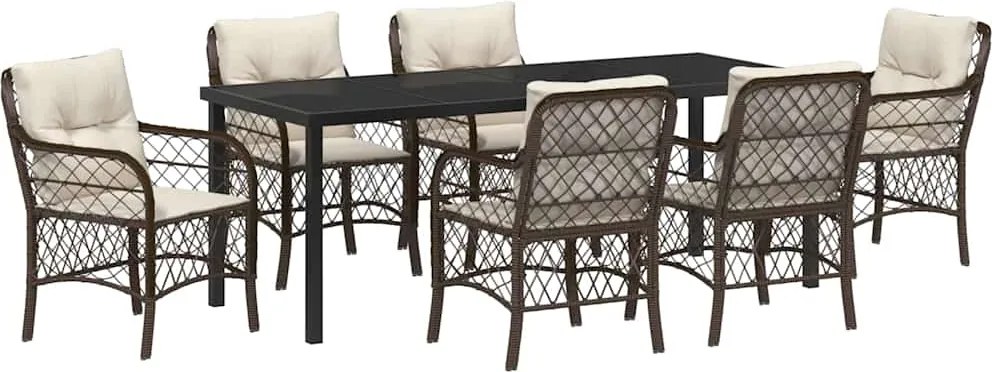 vidaXL Set de masă pentru grădină cu pernă 7 pcs Maro poliratan