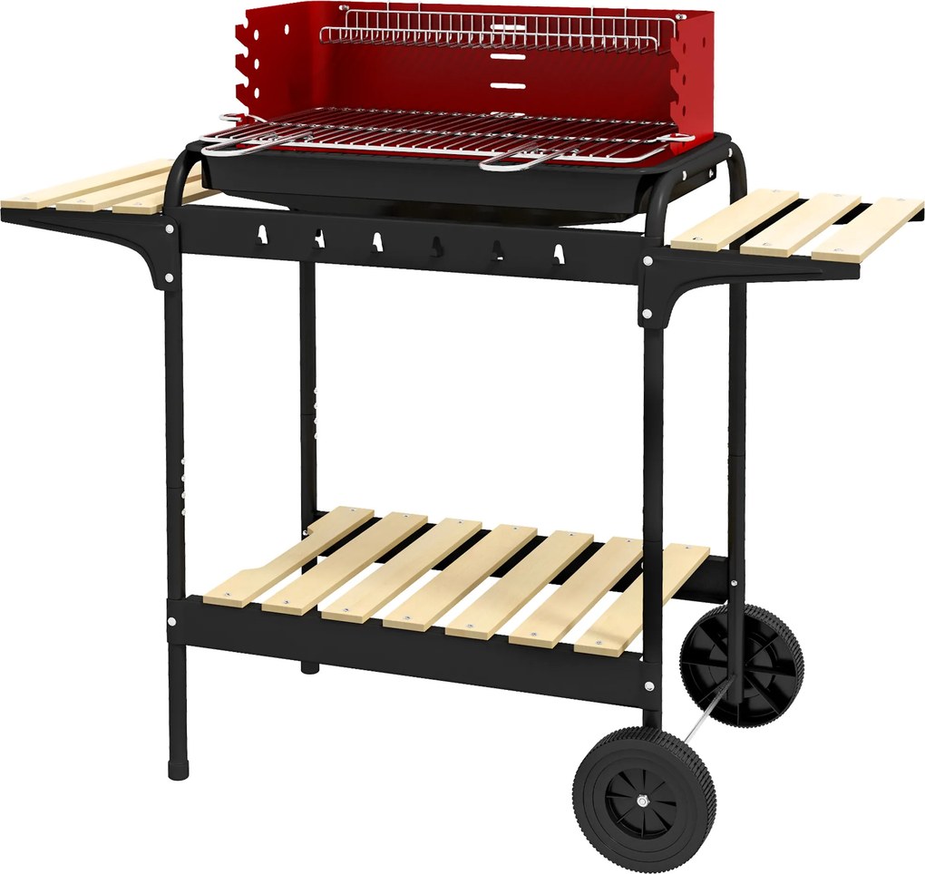 Outsunny Grătar cu Cărbuni, Roți si Grilaj cu Înălțime Reglabilă, 3 Rafturi și Tavă pentru Cenușă, 103x47x95 cm, Roșu | Aosom Romania