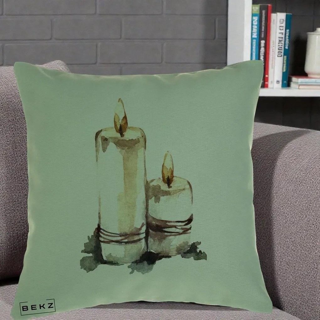 Perna Decorativa Lumanari Acuarela Iarna, 40x40 cm, Verde, Husa Detasabila, Perna Inclusa, BEKZ®