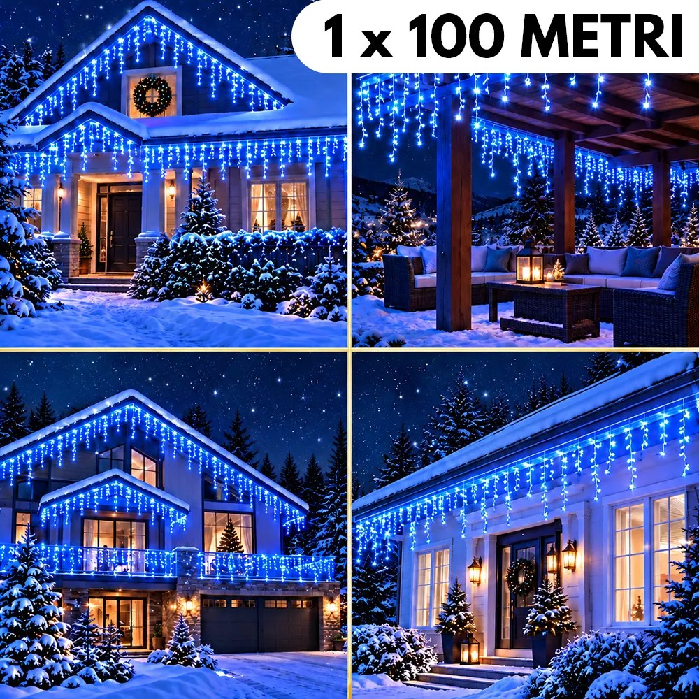 Instalație de Crăciun, 1 x 100 metri, franjuri tip țurțuri, fir gros, cu flash, exterior, albastru