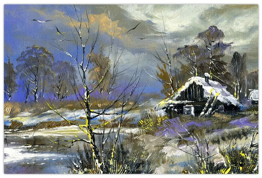 Tablou -Cabane într-un peisaj de iarnă, pictură în ulei (90x60 cm)