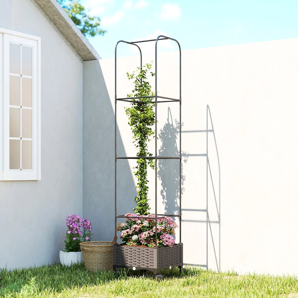 Outsunny Jardinieră Înălțată Autoirigantă din Metal cu Spalier de 185 cm, cu 4 Roți Blocabile pentru Plante Cățărătoare, Recipient cu Găuri de Drenaj pentru Legume și Flori, Negru | Aosom Romania
