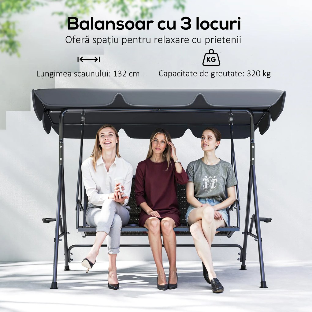 Outsunny Leagăn de Grădină 3 Locuri din Ratan PE cu Acoperiș Reglabil și Suporturi pentru Pahare, Leagăn de Exterior cu Cadru din Oțel, Capacitate 320 kg, 204x112x150 cm, Gri | Aosom Romania