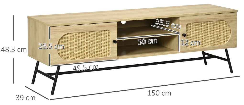 HOMCOM Centru Media TV până la 60" cu Rafturi, Uși Ratan, Design Contemporan Elegant | Aosom Romania