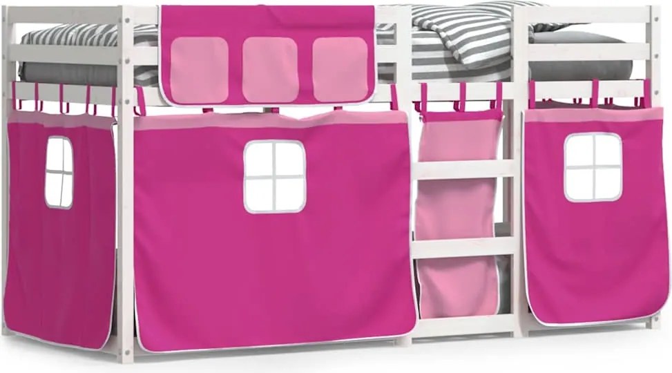 vidaXL Pat supraetajat cu perdele, roz, 90x200 cm, lemn masiv pin