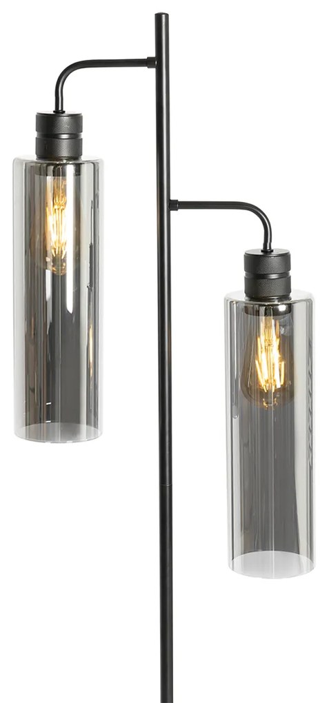 Lampa de podea moderna neagra cu sticla fumurie cu 2 lumini - Stavelot