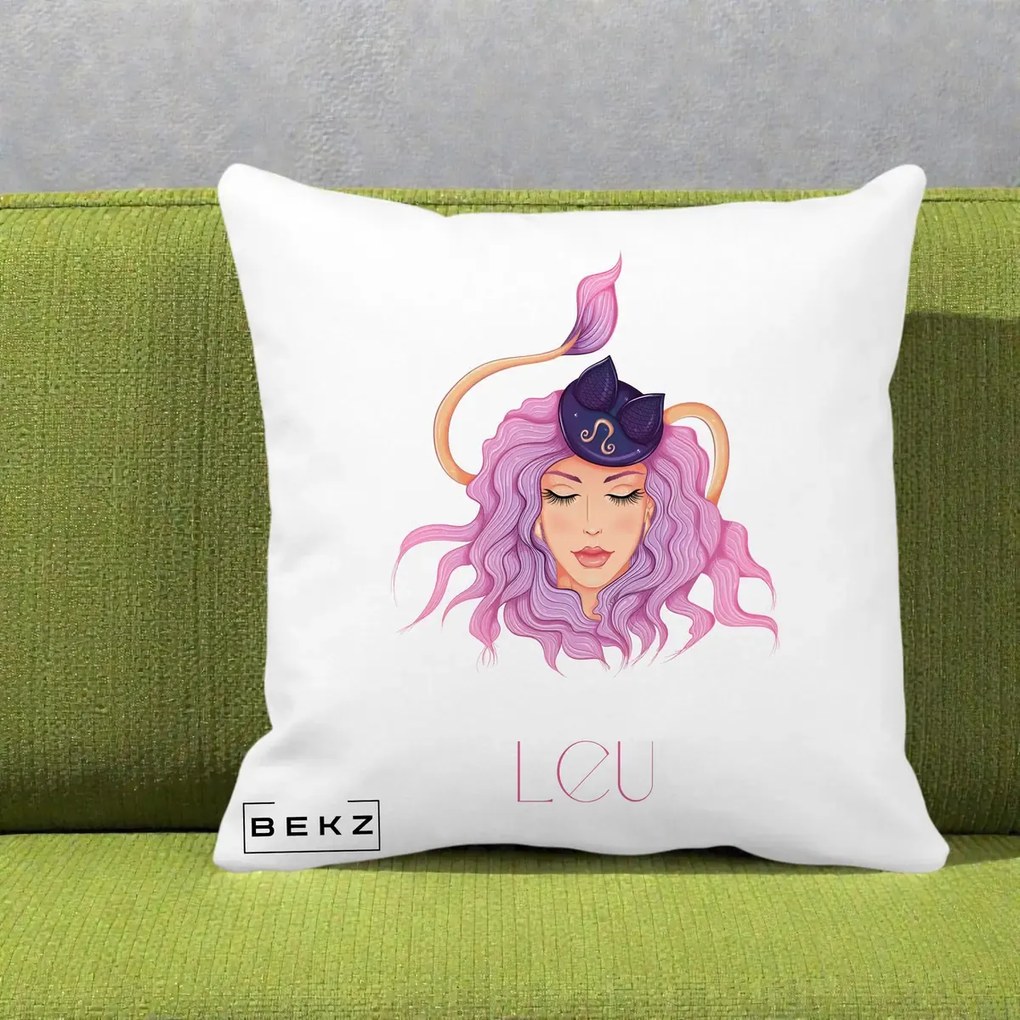 Perna Personalizata Zodie Leu, 40x40 cm, Alba Mata, Husa Detasabila, Perna Inclusa, BEKZ®