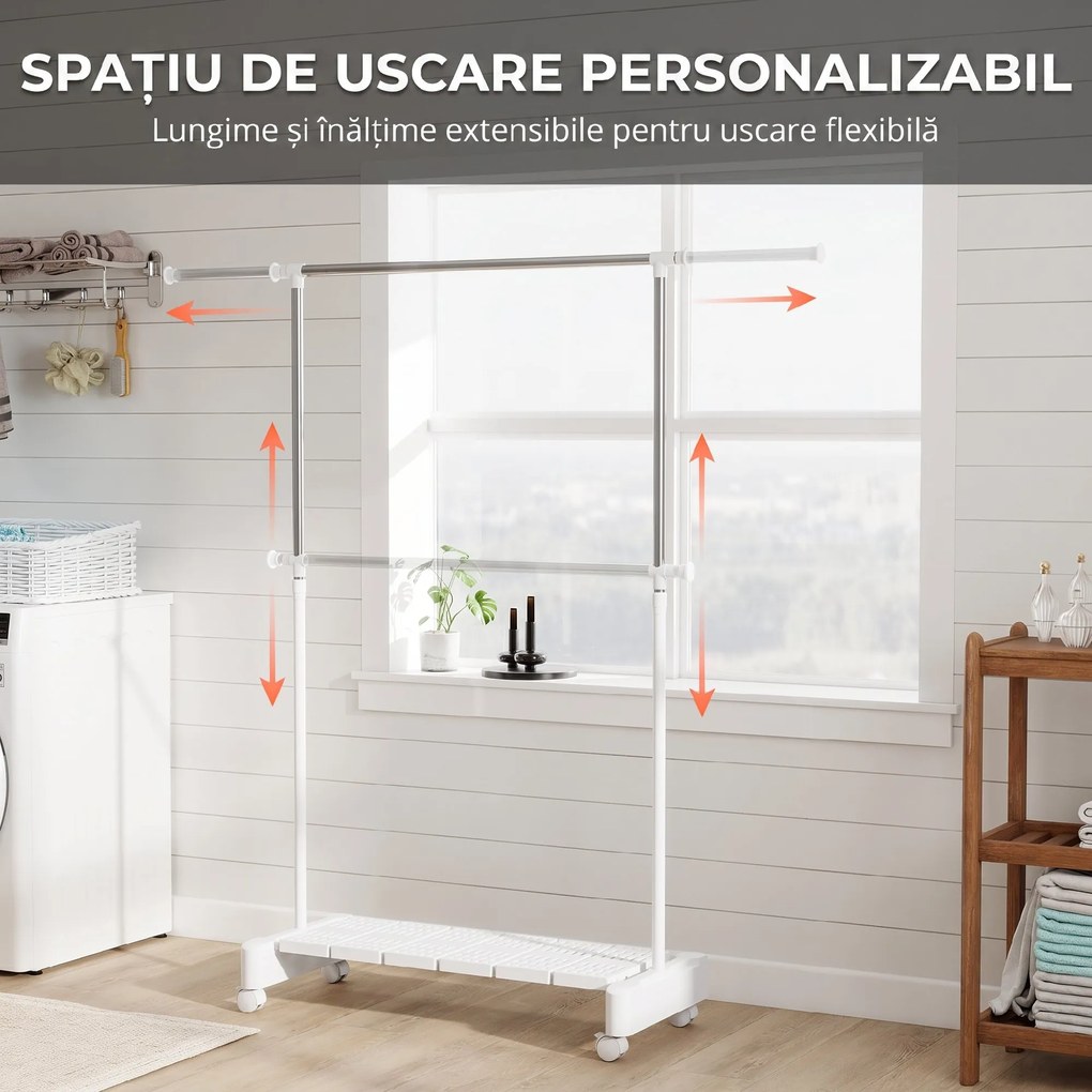 HOMCOM Uscător Vertical Extensibil cu Roți și Raft pentru Încălțăminte Alb | Aosom Romania