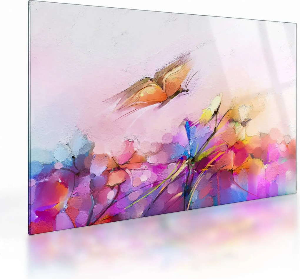Tablou pe sticlă - Fluture asupra florilor, abstracție (70x50 cm)