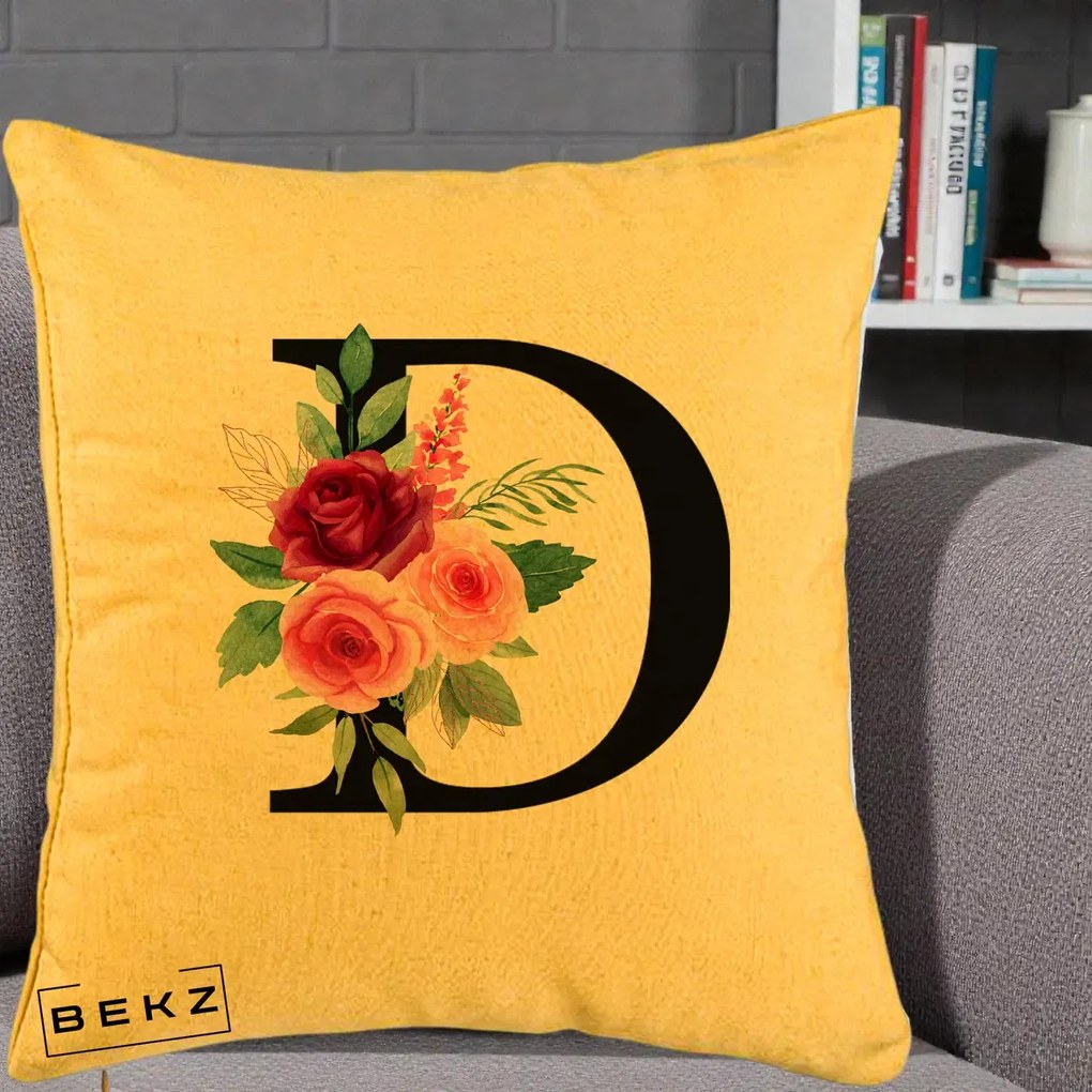 Cadou Personalizat - Perna Personalizata Monograma Florala Litera D, 40x40 cm, Galben, Husa Detasabila, Perna Inclusa, BEKZ®