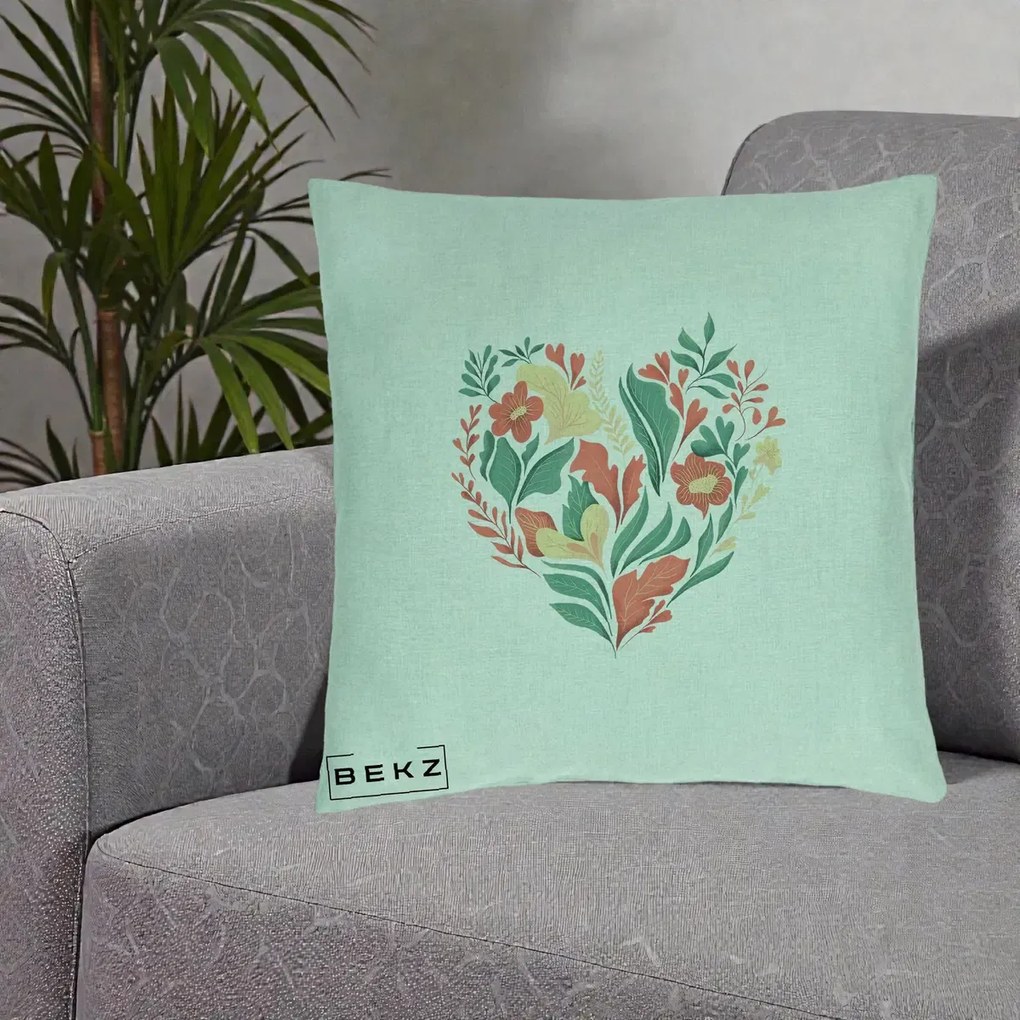 Perna Decorativa Inima Florala Botanica, 40x40 cm, Verde Menta, Husa Detasabila, Perna Inclusa, BEKZ®