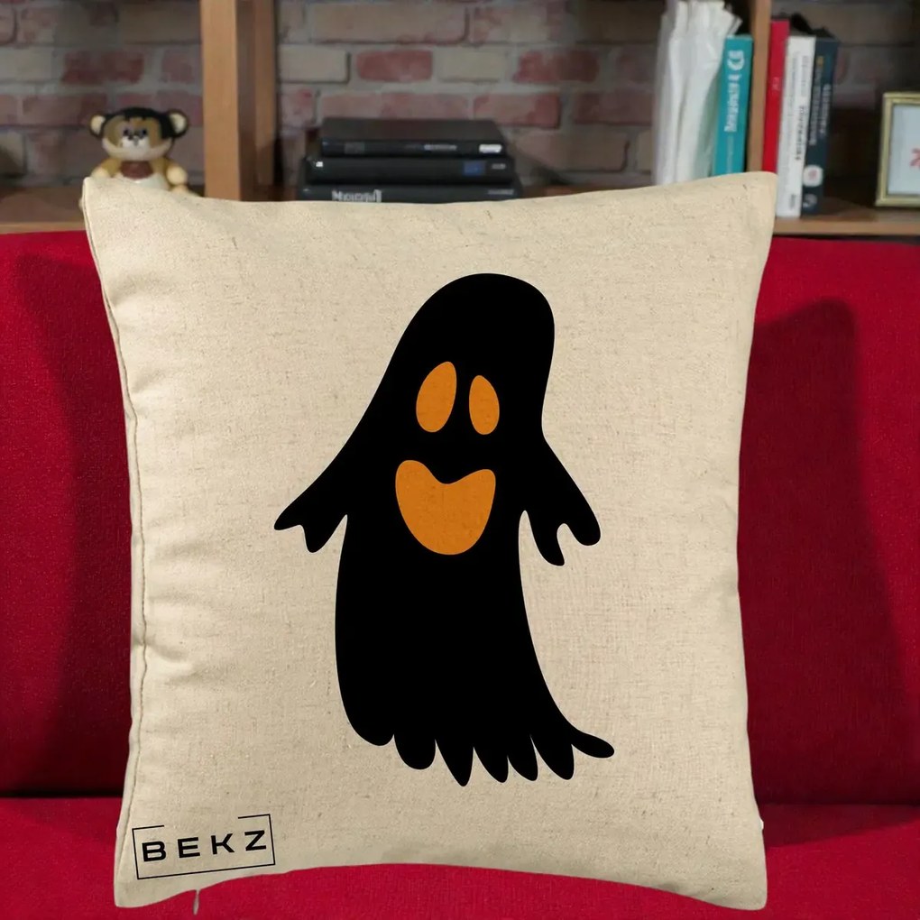 Perna Decorativa Halloween Fantoma Neagra cu Ochi Portocalii, 40x40 cm, Bej, Husa Detasabila, Perna Inclusa, BEKZ®