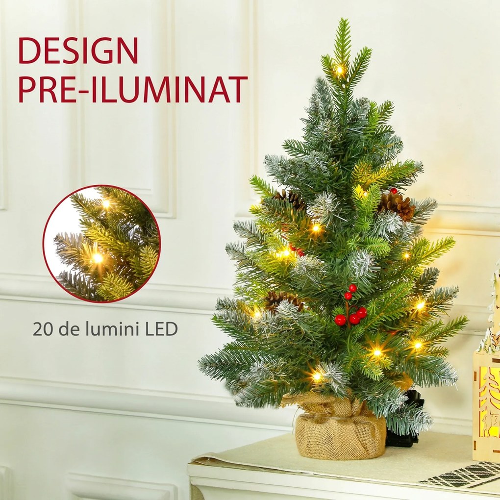 HOMCOM Mini Brad de Crăciun 60 cm cu lumini LED, 141 ramuri, conuri de pin, bobițe roșii, bază din ciment, verde | Aosom Romania
