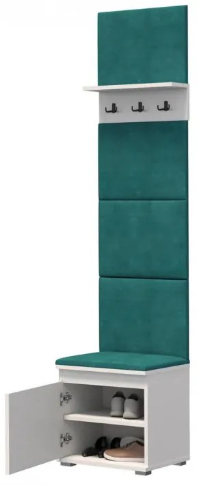 CUI522 - Cuier 50x37x214 cm - 3 agatatori haine, hol, pantofar - Alb, tapiterie Verde/Gri/Albastru