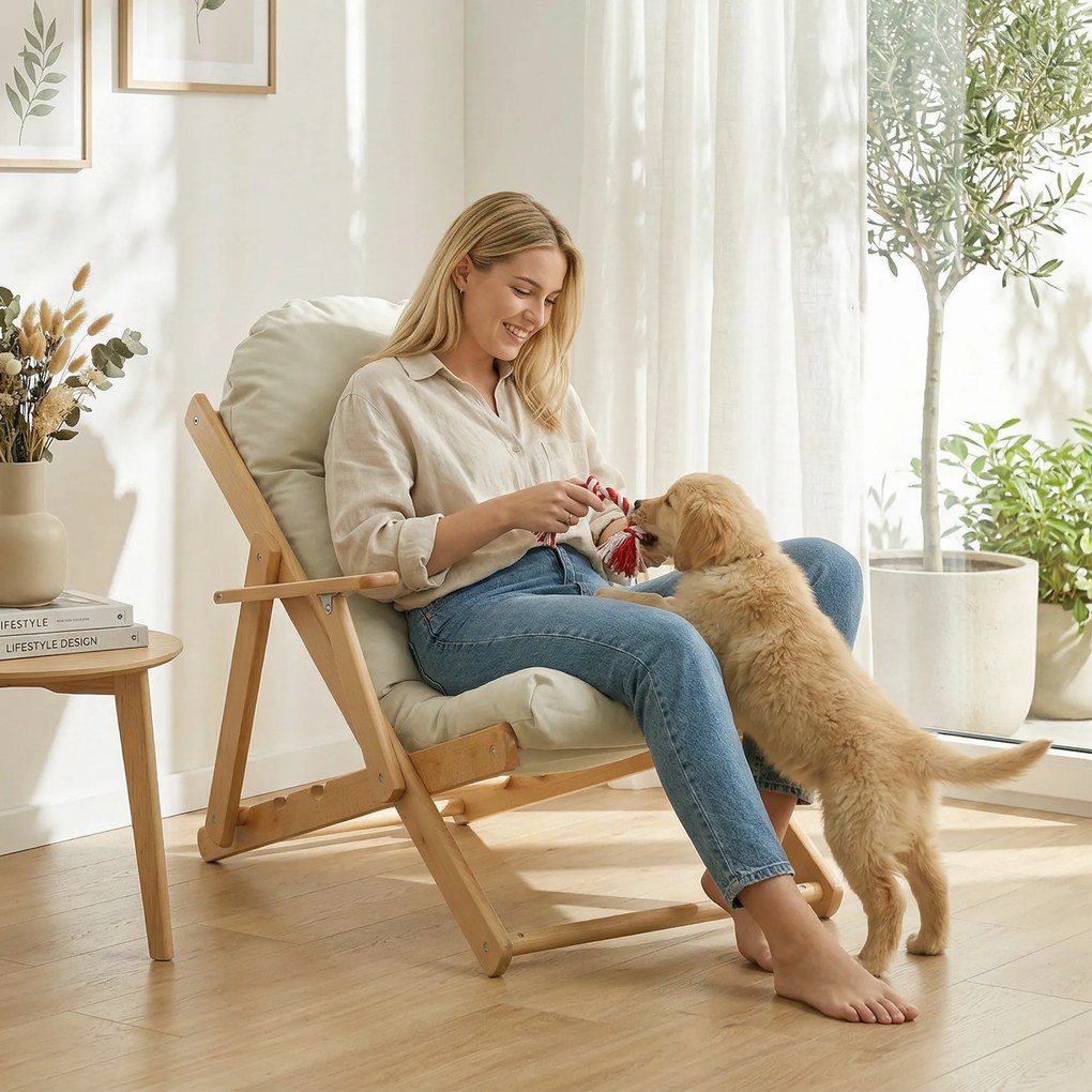 HOMCOM Fotoliu pliant și înclinat din lemn, fotoliu relaxant confortabil cu pernă capitonată groasă | Aosom Romania