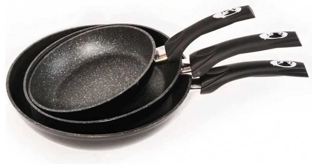 Set 3 tigai marmorate, antiaderente, inductie, Royalty Line RL FM3 negre, curatare usoara