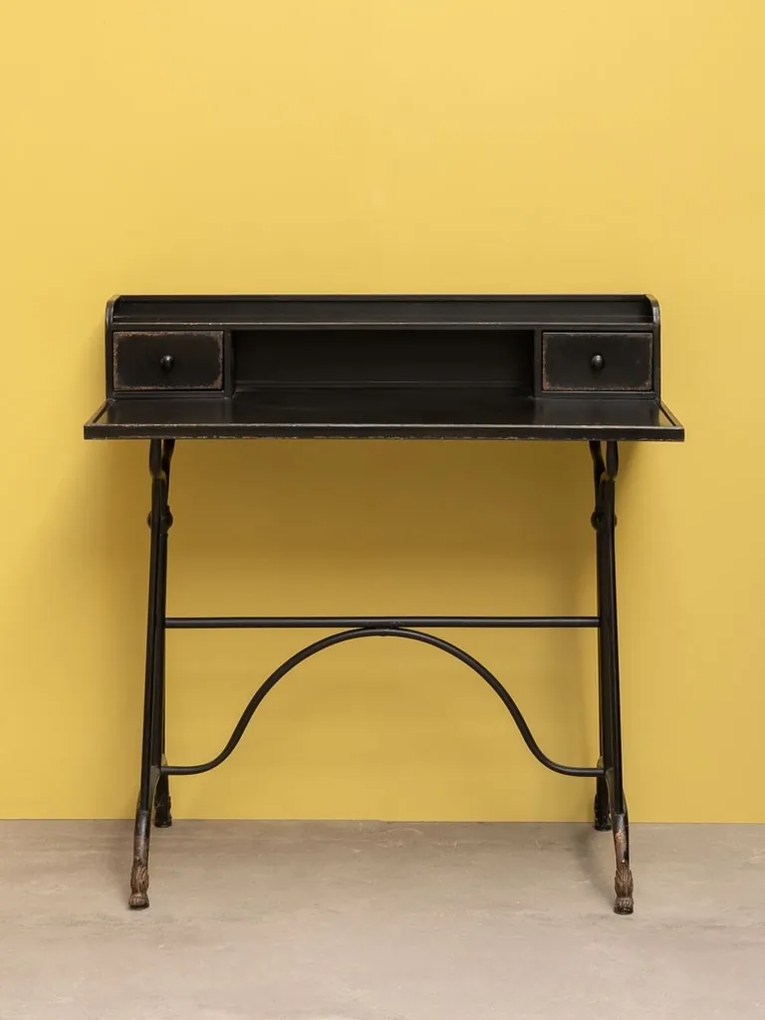 Birou vintage din metal, negru, în stil industrial, cu 2 sertare și nișă, 98 x 100 x 50 cm, „Henri”
