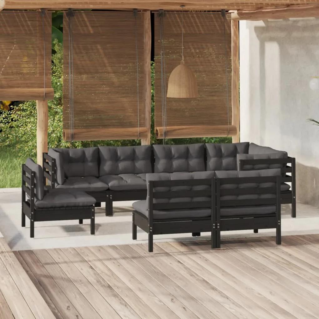 3096470 vidaXL Set mobilier de grădină cu perne 8 piese negru lemn masiv pin