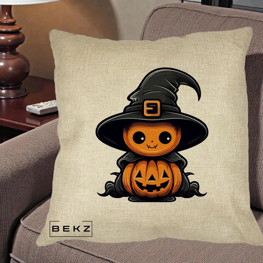Perna Decorativa Halloween Dovleac Vrajitor Kawaii, 40x40 cm, Crem, Husa Detasabila, Perna Inclusa, BEKZ®