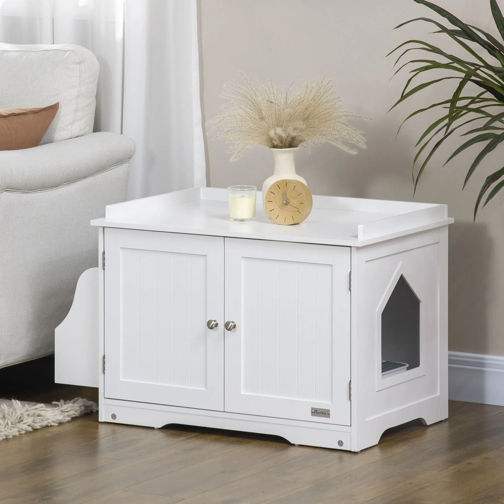 PawHut Mobilier Acoperit pentru Litieră cu Separator Interior Reglabil, Intrare Laterală și 2 Uși, 86x48x52 cm, Alb | Aosom Romania