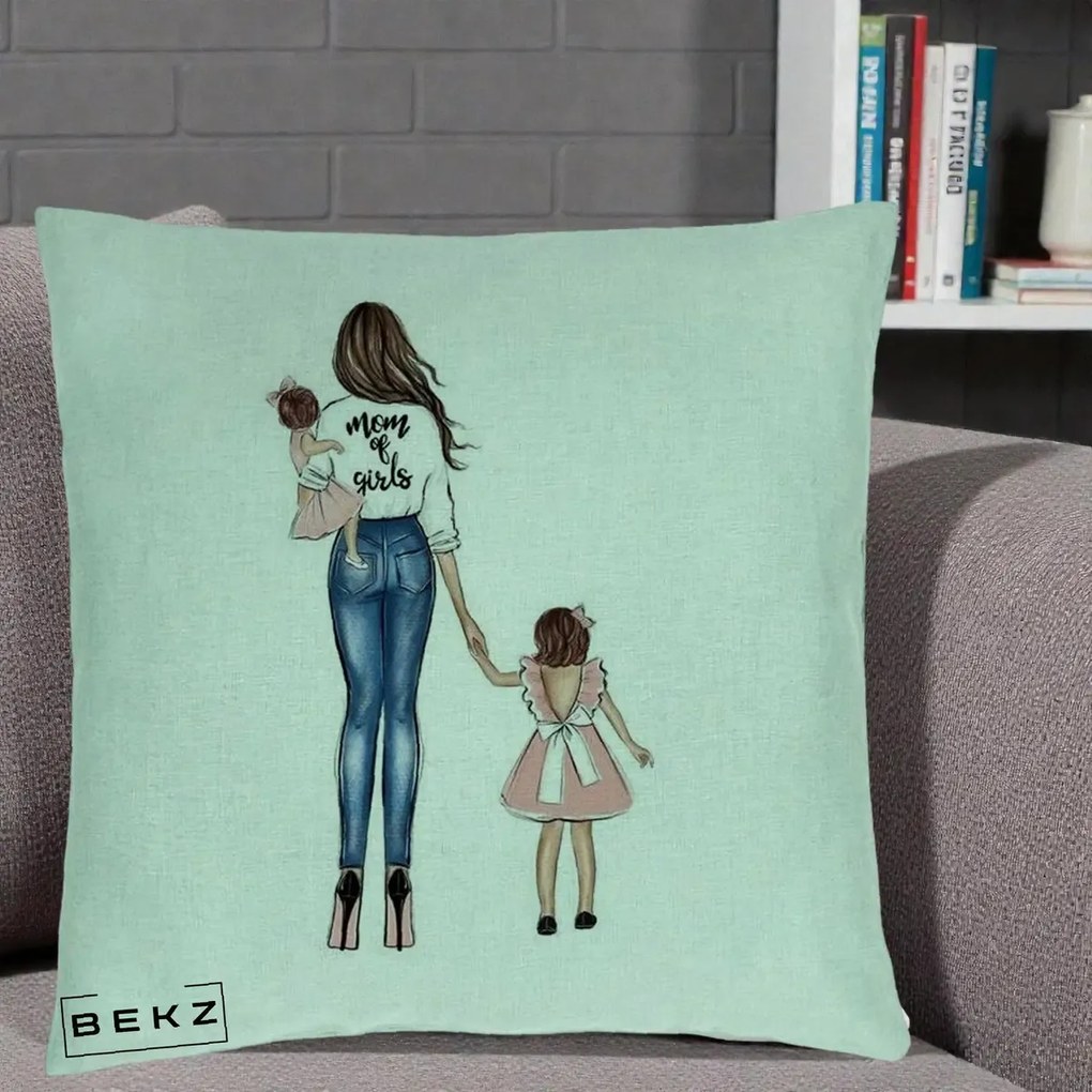 Cadou pentru Mama - Perna Personalizata Mom of Girls Mama cu Fetele, 40x40 cm, Verde Menta, Husa Detasabila, Perna Inclusa, BEKZ®