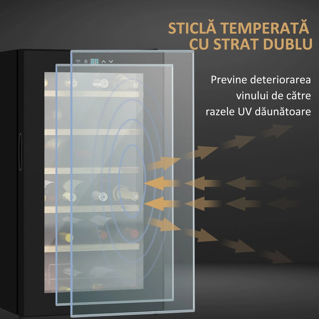 HOMCOM Frigider de Vinuri pentru 24 de Sticle de Sine Statator cu Usa de Sticla Frigider de 65 de litri cu o Singura Zona de Racire a Vinurilor cu Comenzi Digitale cu Ecran Tactil si Lumina LED Negru | Aosom Romania