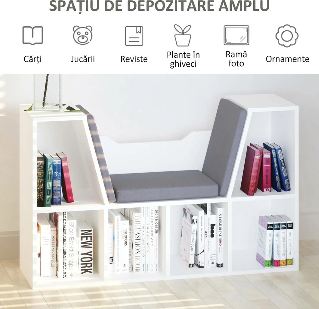 HOMCOM Bibliotecă 2 în 1 cu Perne Confortabile și 6 Compartimente, Mobilier Multifuncțional pentru Cărți și Jocuri, Raft cu 6 Cuburi pentru Sufragerie, Dormitor și Birou, 102x30x61 cm, Alb | Aosom Romania