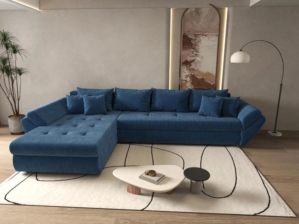 Colțar extensibil dumonde cu ladă de depozitare si sezut confortabil din spuma high-density, Loana XL Zoom Albastru 335x185 cm