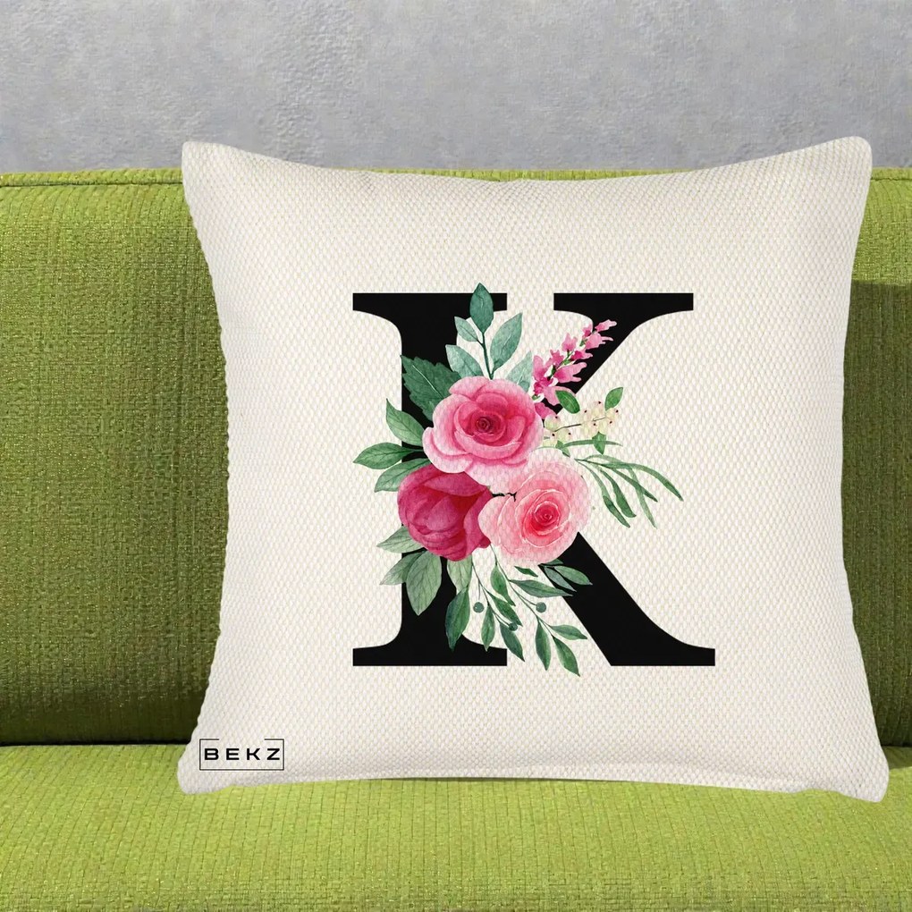 Cadou Personalizat - Perna Personalizata Monograma Florala Litera K, 40x40 cm, Crem Reliefat, Husa Detasabila, Perna Inclusa, BEKZ®