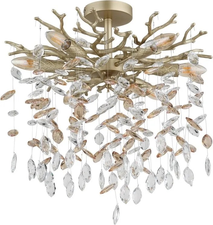 Plafoniera metal auriu mat, cristale de sticla QUEENA