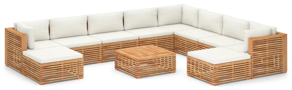 Set mobilier de gradina cu perne crem, 11 piese, lemn masiv tec Crem, 3x colt + 5x mijloc + 3x suport pentru picioare, 1