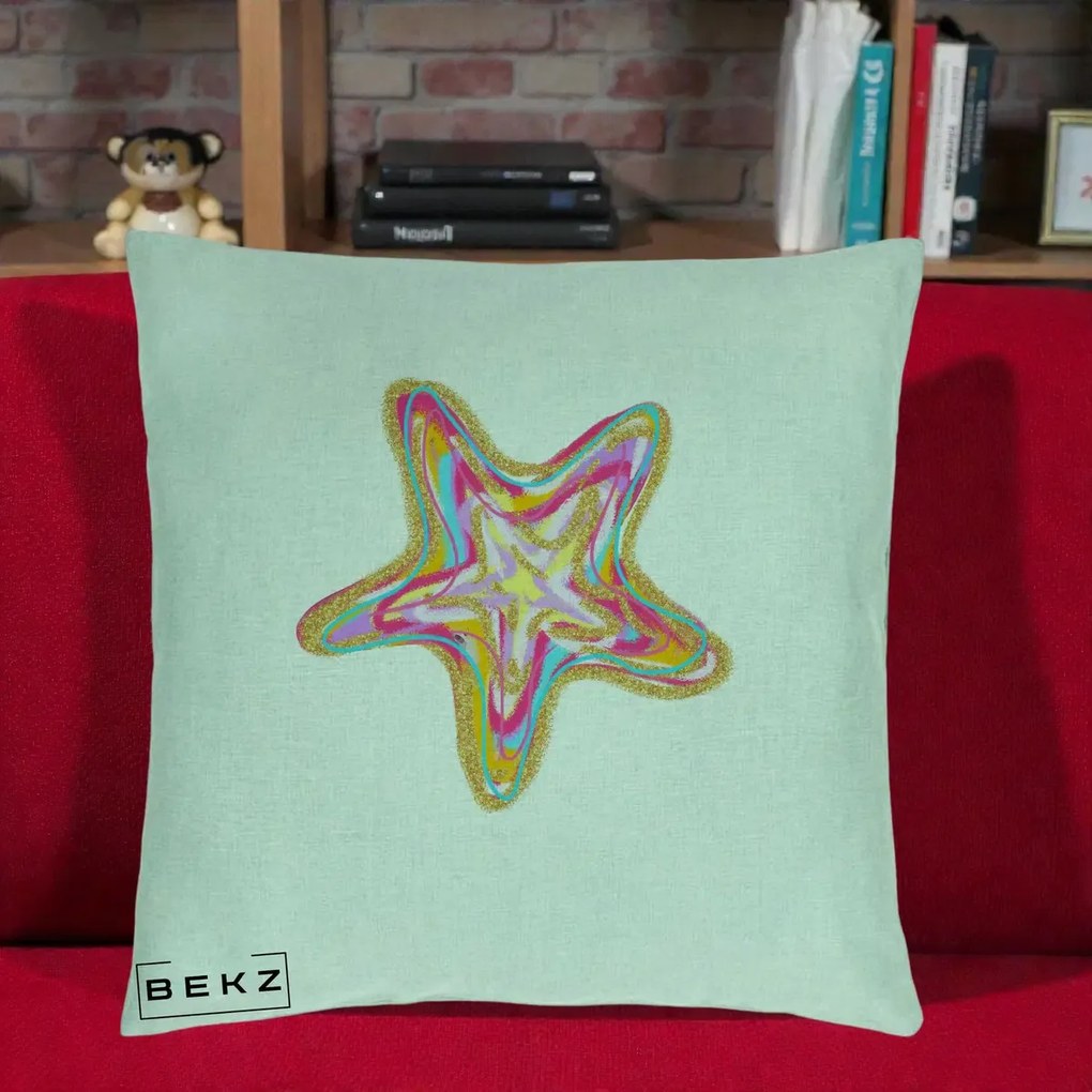 Perna Decorativa Stea de Mare Colorata Psiheledic, 40x40 cm, Verde Menta, Husa Detasabila, Perna Inclusa, BEKZ®