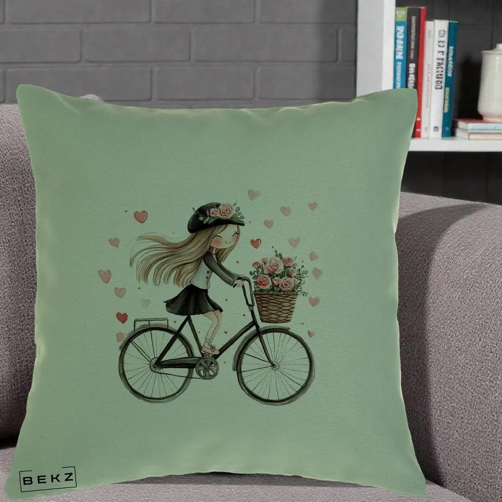 Perna Decorativa Fetita Kawaii pe Bicicleta cu Trandafiri si Inimioare, 40x40 cm, Verde, Husa Detasabila, Perna Inclusa, BEKZ®