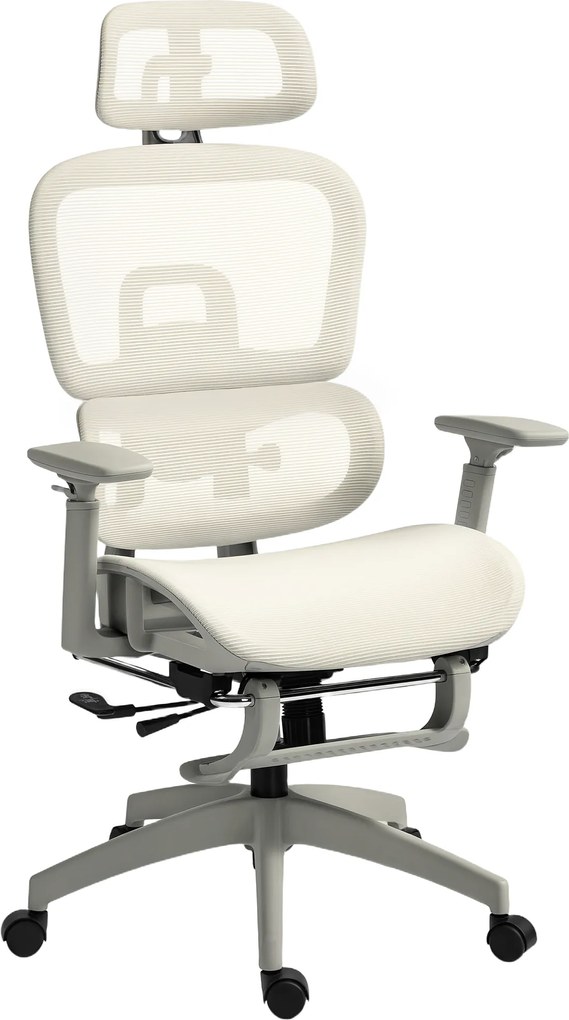 HOMCOM Scaun de birou ergonomic din plasă cu brațe 3D, înclinat la 135°, tetieră reglabilă, bej | Aosom Romania