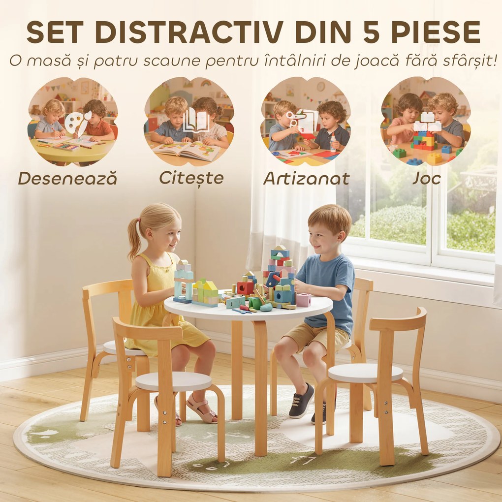 AIYAPLAY Set Masă și Scaune pentru Copii 3-8 Ani 5 piese cu Margini Rotunjite din Lemn Alb | Aosom Romania