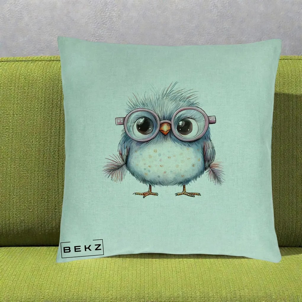 Perna Decorativa Pui Pufos cu Ochelari Roz, 40x40 cm, Verde Menta, Husa Detasabila, Perna Inclusa, BEKZ®
