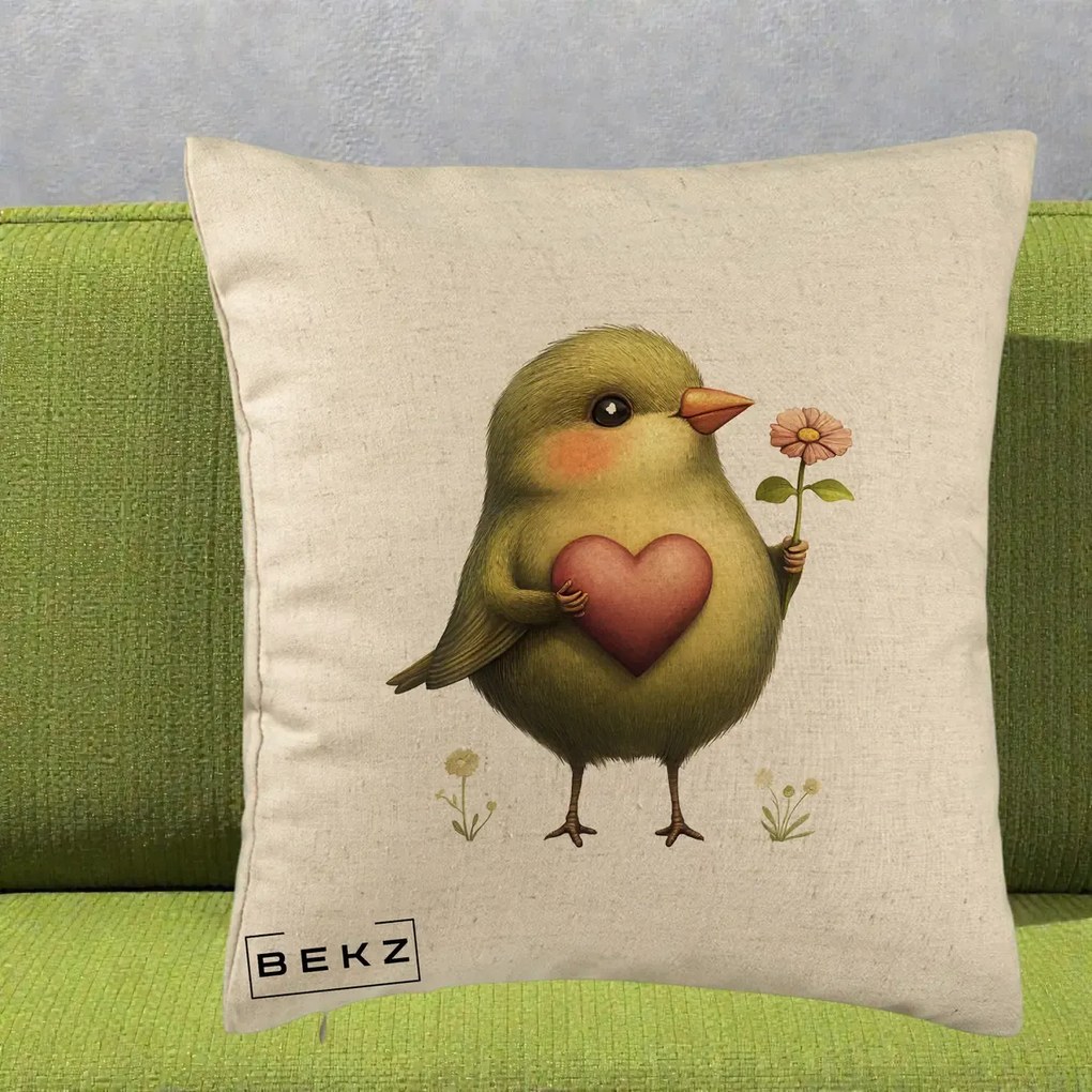 Perna Decorativa Pasare Verde cu Inima si Floare, 40x40 cm, Bej, Husa Detasabila, Perna Inclusa, BEKZ®