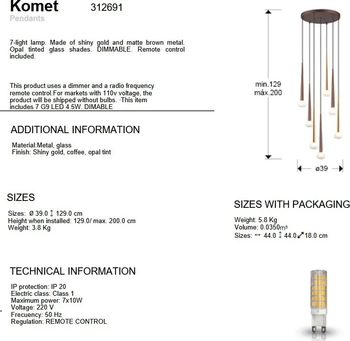 Lustra cu 7 pendule design modern Komet auriu/ cafeniu
