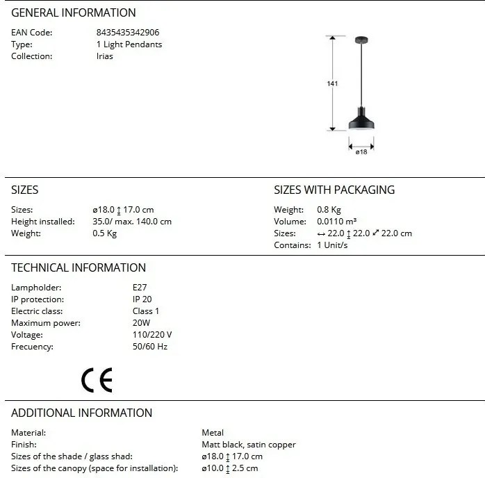 Lustra/Pendul din metal design moderm Irias negru/cupru