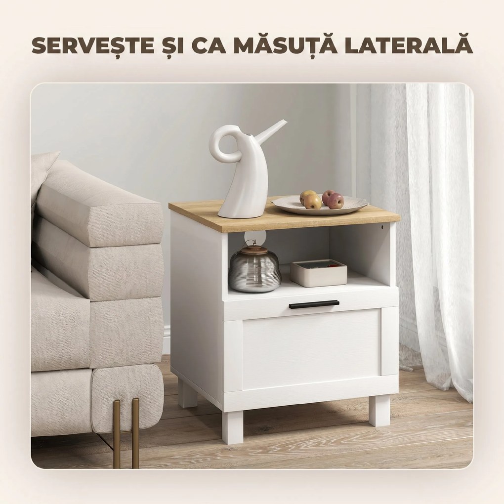HOMCOM Noptieră Dormitor cu Sertar și Raft Deschis, Noptieră Modernă Compactă cu Picioare din Lemn de Pin, 45x38x50 cm, Alb | Aosom Romania