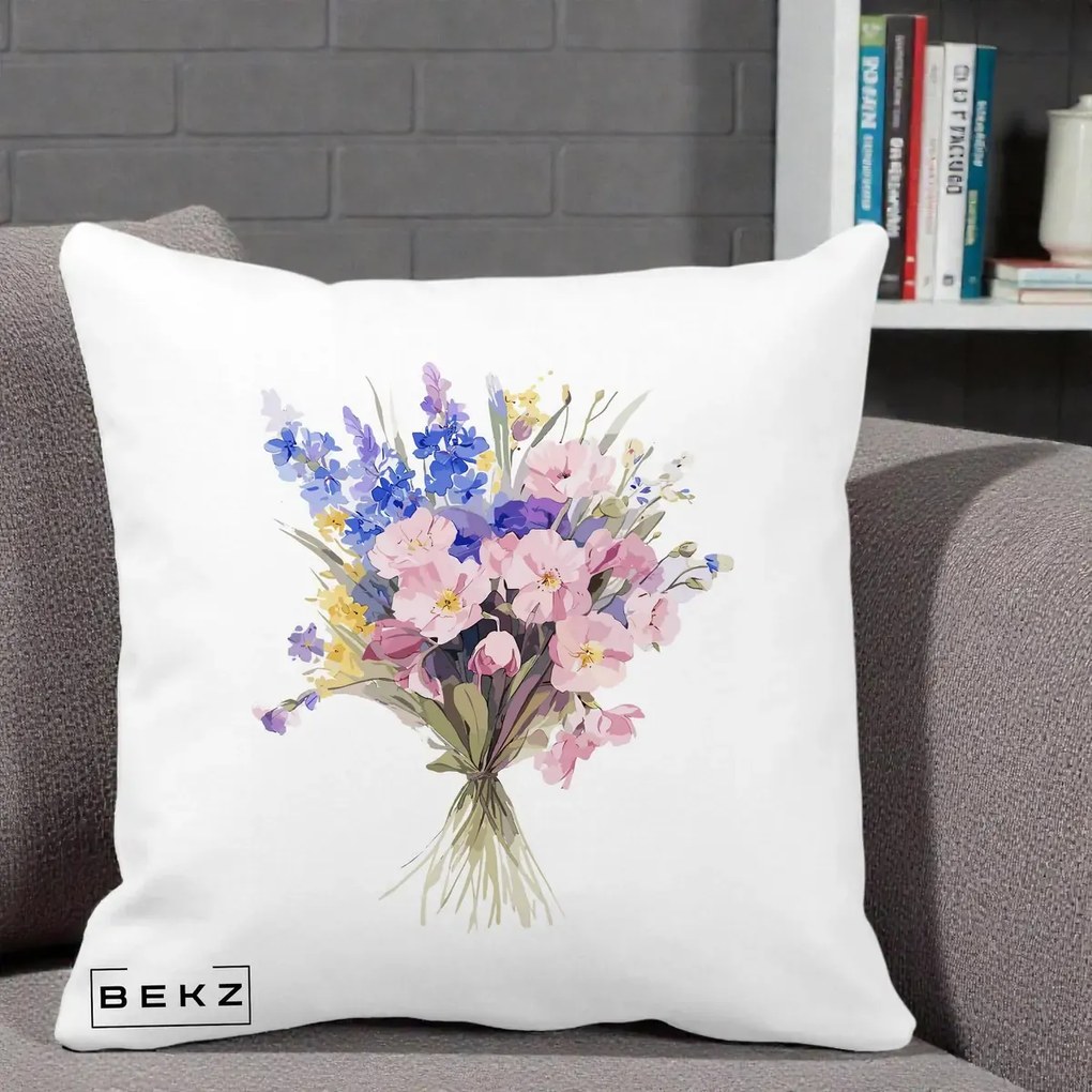 Perna Decorativa Buchet Floral Acuarela Primavara, 40x40 cm, Alba Mata, Husa Detasabila, Perna Inclusa, BEKZ®