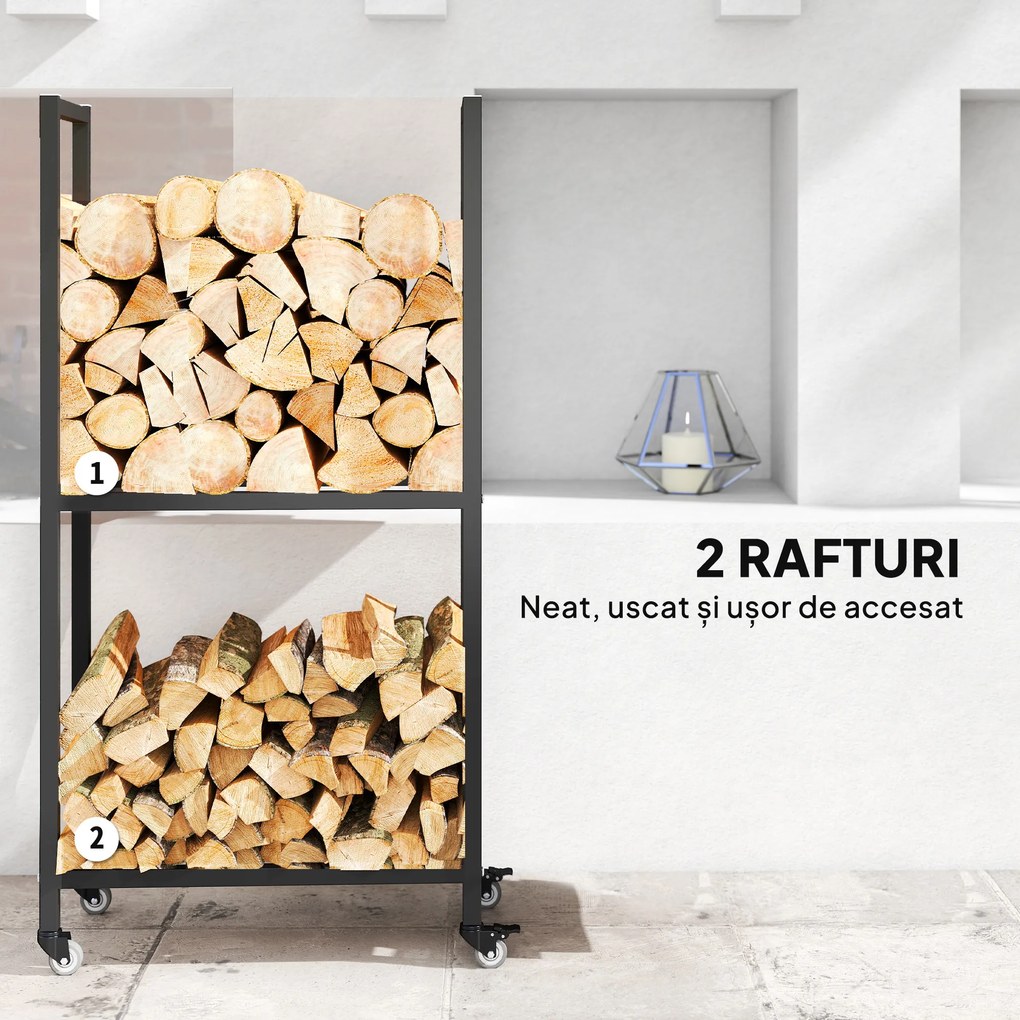 Outsunny Suport pentru Lemne de Foc Exterior și Interior din Oțel pe Două Nivele și cu Roți Negru | Aosom Romania