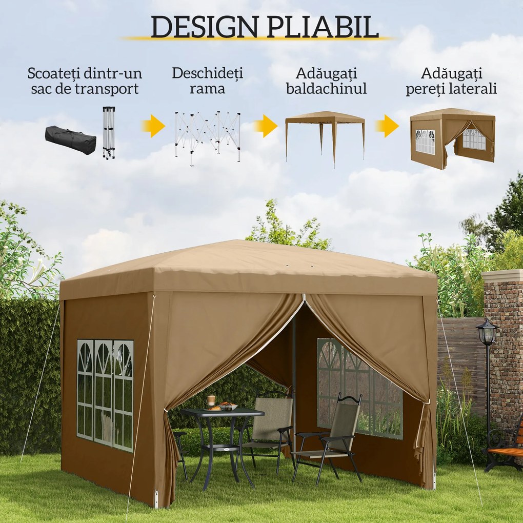 Foisor de gradina pliabil Outsunny din otel si tesatura Oxford cu funii si cuie incluse, 2,95x2,95x2,58 m, alb | Aosom Romania