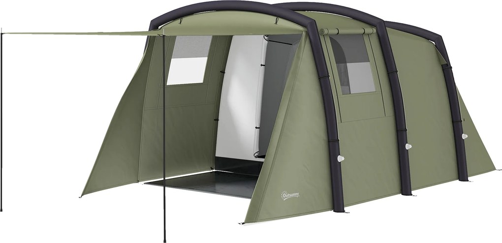 Outsunny Cort Gonflabil Tip Tunel pentru 3-6 Persoane cu Pridvor, Ferestre din Plasă și Husă, Impermeabil, Verde Măsliniu | Aosom Romania
