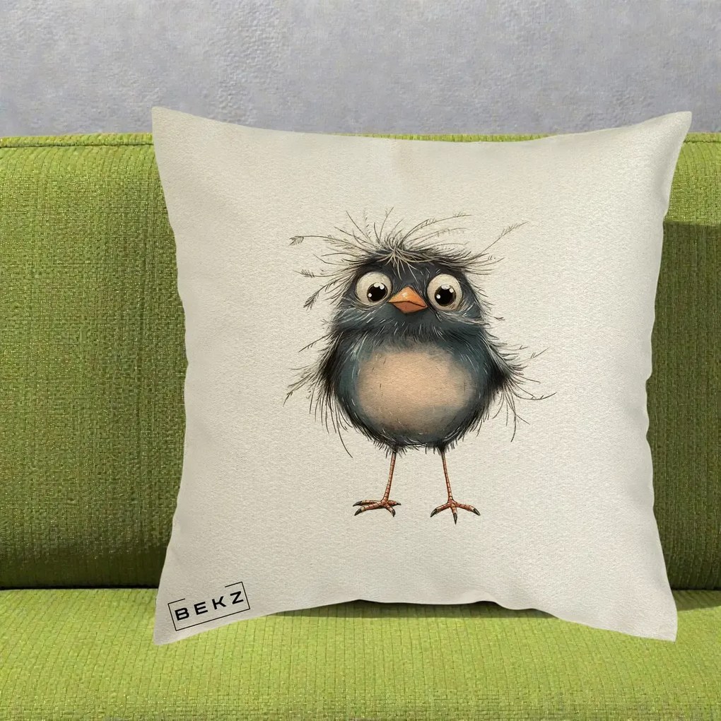 Perna Decorativa Pui Negru Zbarlit cu Pene Fine, 40x40 cm, Ecru, Husa Detasabila, Perna Inclusa, BEKZ®