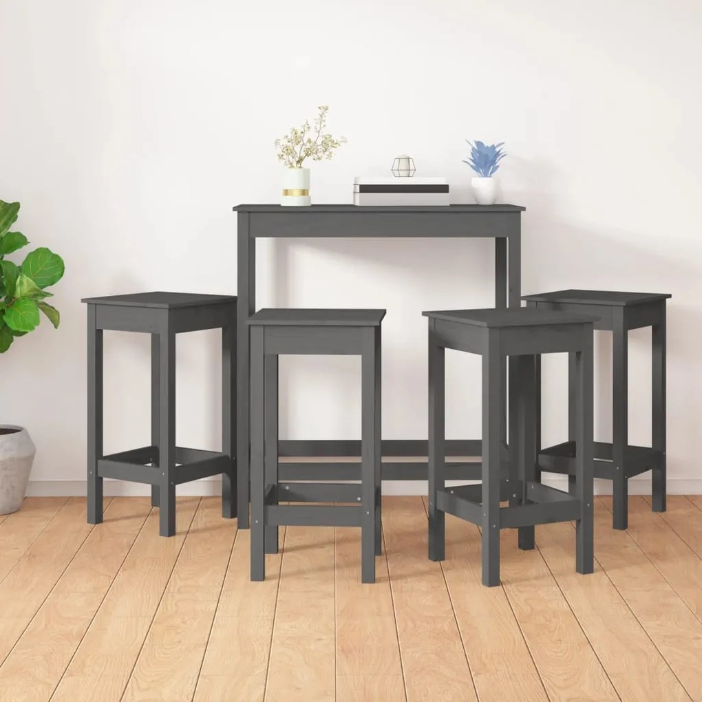 3124699 vidaXL Set mobilier de bar, 5 piese, gri, lemn masiv de pin