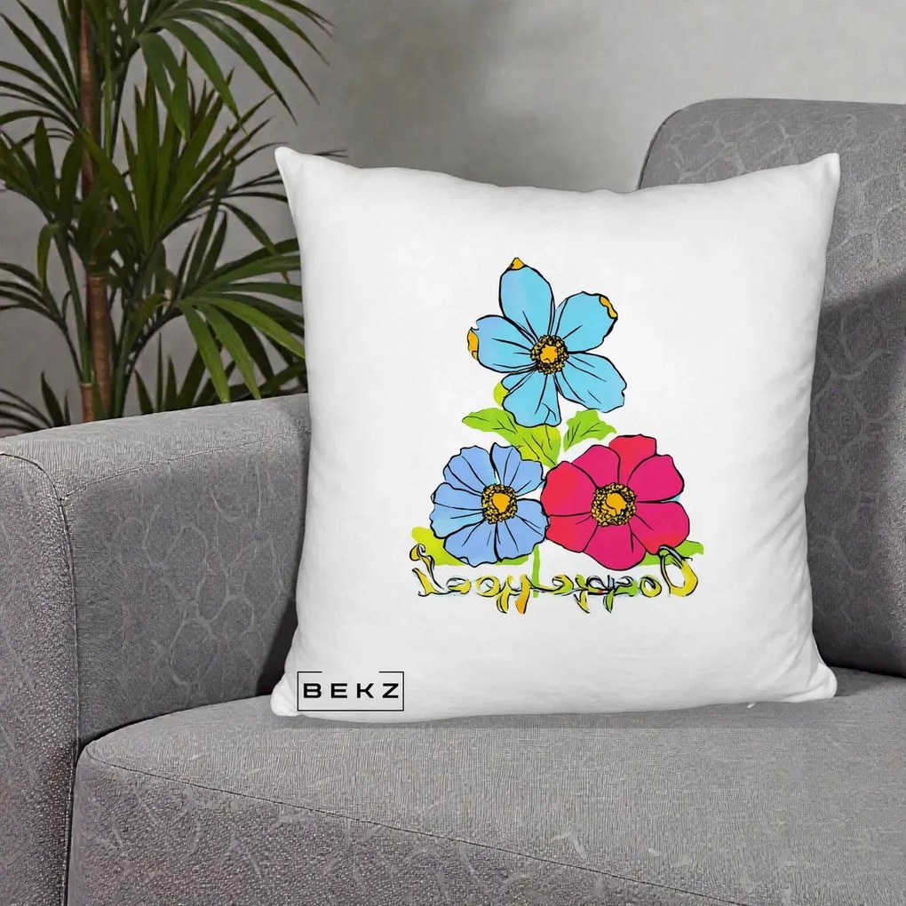 Perna Decorativa Trei Flori Grafice Pop Art, 40x40 cm, Alb Pufos, Husa Detasabila, Perna Inclusa, BEKZ®